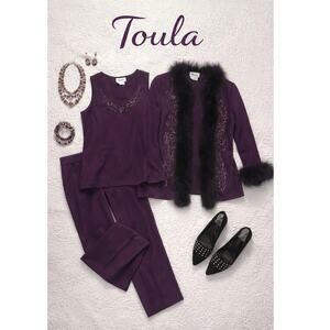 Toula 3 Piece Pant Set w/ Beads, Sequins & Rabbit Fur Sz. L